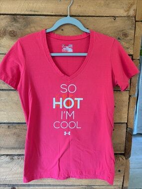 4 Under Armour Women’s Bright Pink V-Neck Tee with 'SO HOT I'M COOL' Graphic
